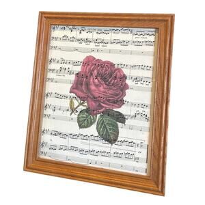 Handmade Upcycled Vintage Sheet Music Pink Rose Flower Wood Framed Wall Art